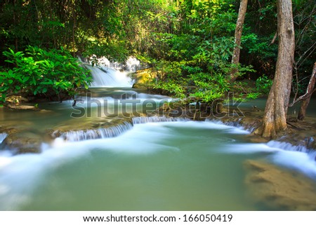 Waterfall and blue stream in the forest Kanjanaburi Thailand