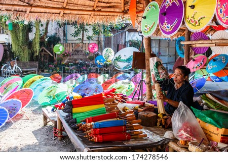 CHIANG MAI, THAILAND-JANUARY 19 : 31th anniversary Bosang umbrella festival,Home and shop decoration annual Umbrella festival at San Kamphaeng. on Jan.19, 2014 in Chiang Mai, Thailand.