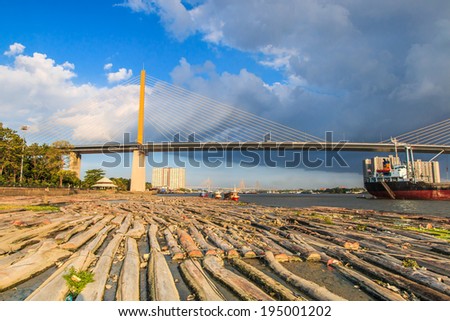 View landscape Rope bridge and  Pile of wood be immersed in water at the Bangkok Asia Thailand