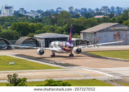 CHIANGMAI , THAILAND - July 26 2014: HS-TAN Airbus A300-600R of Thaiairway. Landing to Chiangmai airport from Bangkok Suvarnabhumi