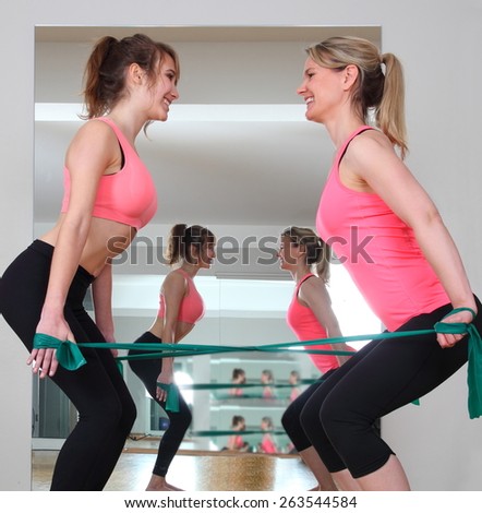 Two woman doing exercise together with Fitness Bands