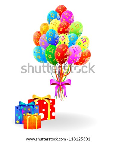 Birthday balloons and gift. Happy birthday. Gift box and balloons party decoration of holiday multicolor. Isolated on white background.  Easy change color. Vector