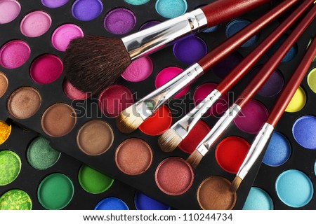  Pallets on Make Up Colorful Eyeshadow Palette With Makeup Brushes On It   Stock