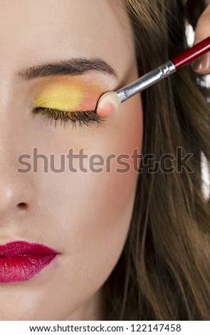 Eyes Makeup.Make-up.Eyes shadows. Eye shadow brush. Makeup artist apply makeup