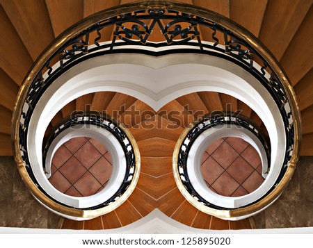 Detail of the wood spiral staircase. Hotel, stairs, stairway, step