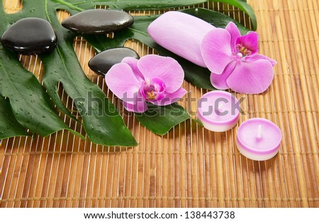Monstera leaf, orchid and aromatic set on a bamboo cloth