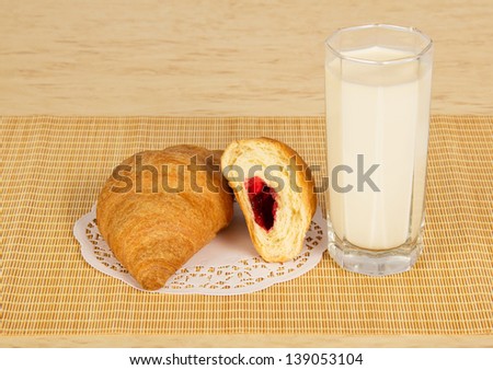 Glass with milk and croissants, a napkin, on a bamboo cloth
