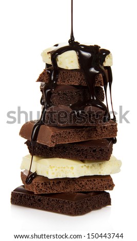 Hill of the chocolate slices, isolated on white, fill in the melted hot chocolate