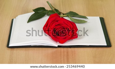 Open journal book with a red rose isolated on white