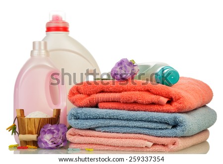 Washing powder and cleaning items on white background