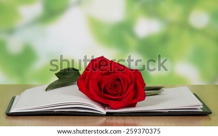 Open journal book with a red rose