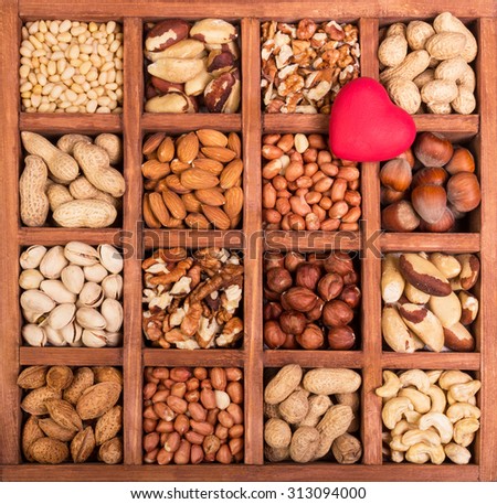 Almonds, walnuts, peanuts, cashew and hazelnuts in wooden box  background