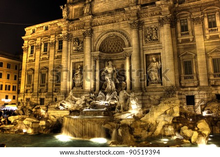 Fountain di Trevi by night - most famous Rome\'s fountains in the world. Italy.