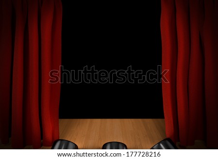 Open red curtains on the stage