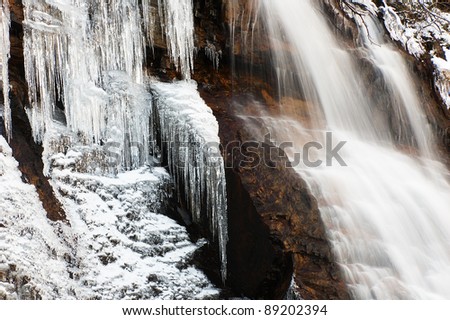 Waterfall, ice, river.