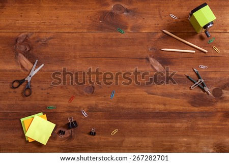 Desk with stationery. Workplace top view. View from above with copy space