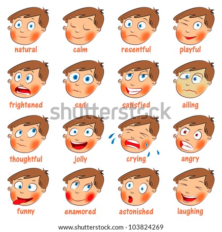 Emotions. Cartoon facial expressions set. ( natural, calm, resentful, playful, frightened, sad, satisfied, ailing, thoughtful, jolly, crying, angry, funny, enamored, astonished, laughing ) Hand-drawn