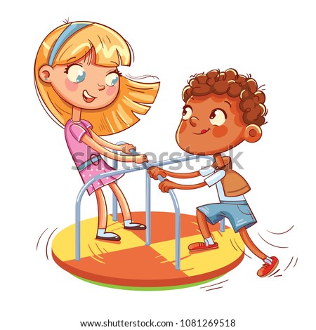 Girl and boy ride on small carousel in recreation park. Place for children\'s games. Amusement park. Funny cartoon character. Vector illustration. Isolated on white background
