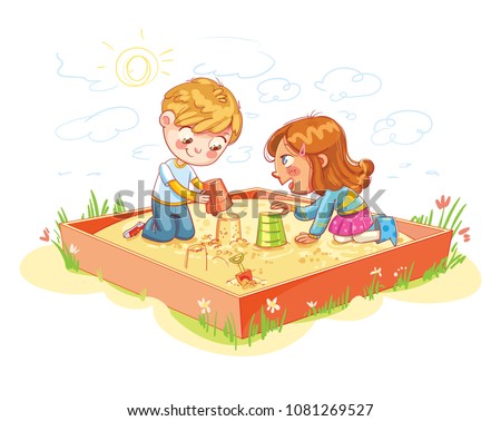 Boy and Girl are playing in the sandbox  in recreation park. Place for children\'s games. Amusement park. Funny cartoon character. Vector illustration. Isolated on white background