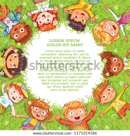 Children lie on the meadow. Camera Angle downward. International Children's Day or Earth Day. International friendship day. Multicultural kids in the circle. Template for advertising brochure