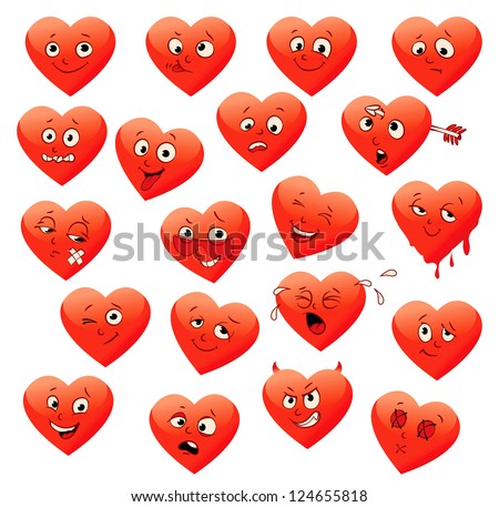 Valentine\'s set of heart emotions. ( calm, resentful, playful, frightened, sad, satisfied, ailing, thoughtful, jolly, crying, angry, funny, enamored, astonished, laughing ). Vector illustration
