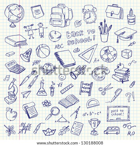 Freehand Drawing School Items On A Sheet Of Exercise Book. Back To School. Vector Illustration. Set