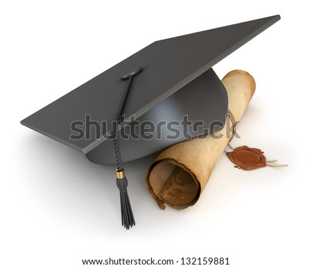 Graduation cap and diploma Conceptual illustration Isolated on white background 3D render Graduation cap and diploma Conceptual illustration Isolated on white background 3D render