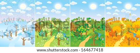 Four Seasons. Concept Of Life Cycle In Nature. Images Of Beautiful Natural Landscapes At Different Time Of The Year - Winter Spring, Summer, Autumn. Vector Illustration