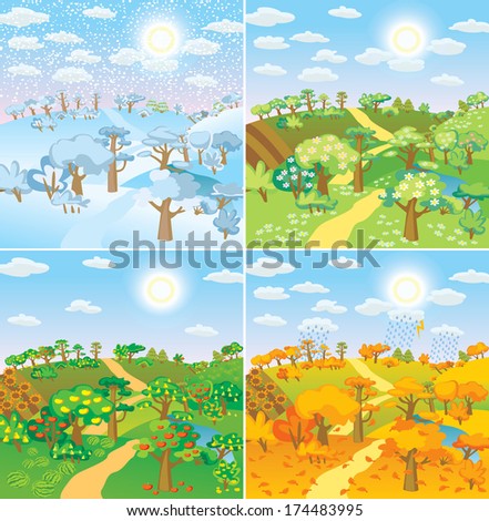 Seasons in the countryside. Beautiful natural landscapes at different time of the year - winter spring, summer, autumn Vector illustration