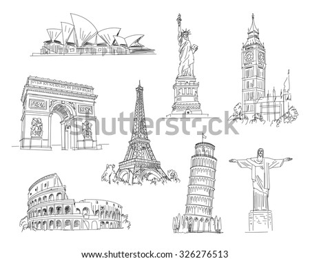 Attractions of the world. Freehand drawing. Vector illustration. Isolated on white background