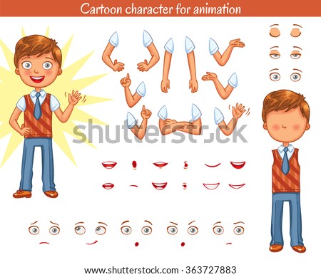 Schoolboy. Parts of body template for design work and animation. Face and body elements. Funny cartoon character. Vector illustration. Isolated on white background. Set