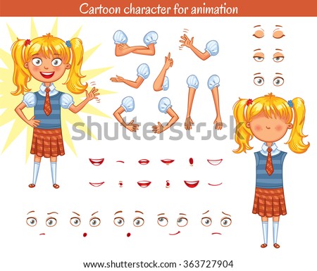 Schoolgirl. Parts of body template for design work and animation. Face and body elements. Funny cartoon character. Vector illustration. Isolated on white background. Set