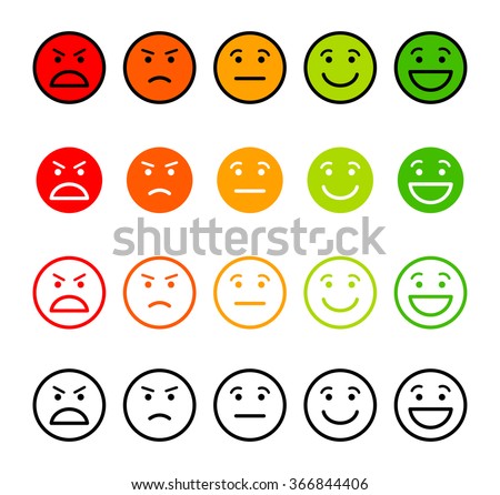 Iconic illustration of satisfaction level. Range to assess the emotions of your content. Excellent, good, normal, bad, awful. Vector illustration. Isolated on white background
