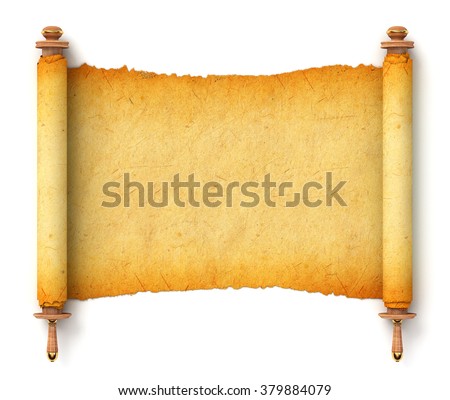 Ancient empty scroll. Torah unfurled with wooden handles. Torn piece of paper, ready for your message. Top view. Conceptual illustration. Isolated on white background. 3d render