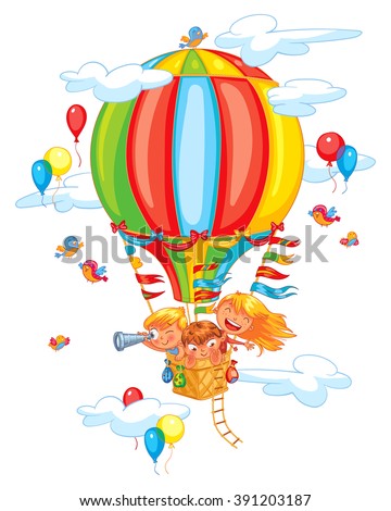 Cartoon kids riding hot air balloon. Funny cartoon character. Vector illustration. Isolated on white background