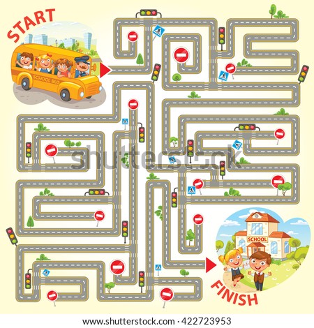 Help the school bus to arrive to school. Maze Game with Solution. Funny cartoon character. Vector illustration