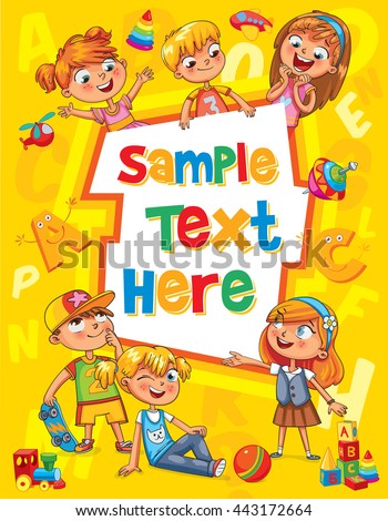 Children book cover. Template for advertising brochure. Ready for your message. Children look up with interest. Kid pointing at a blank template. Funny cartoon character. Vector illustration