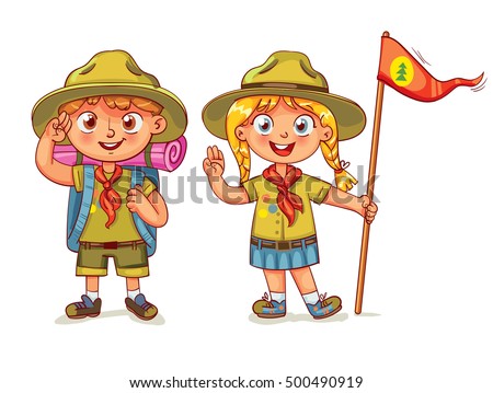 Scout boy and scout girl. Scout honor hand gesture. Children scout people adventure camping. Hiking recreation tourist group. Vector illustration. Funny cartoon character. Isolated on white background