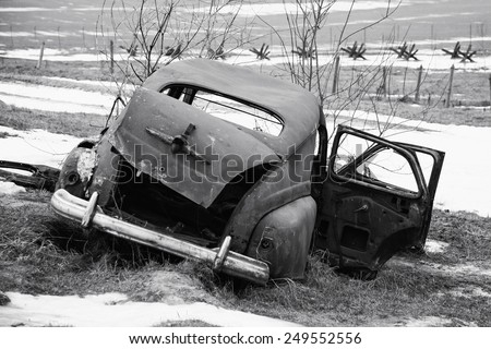 Old broken german car. black and white