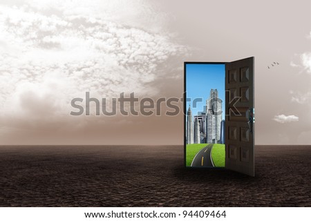 An open door revealing a different dimension. illustration