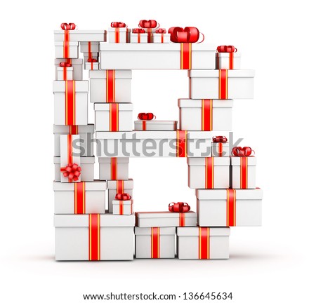 Letter B boxes of gifts decorated with red ribbons