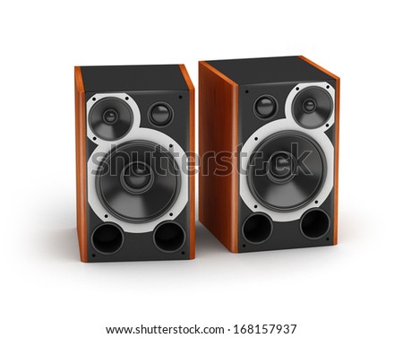 Set of brown wooden  concert style speakers stereo audio system on white background