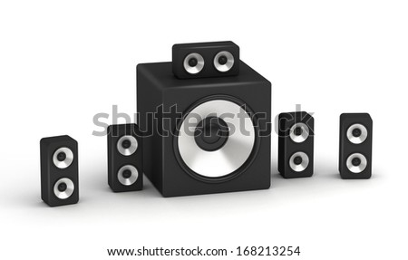 Set of speakers multimedia low cost 5.1 audio system on white background