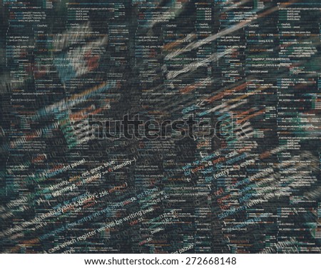 Abstract programing source code screen of software developer. Computer language script background. Algorithm invention process illustrated by flow code parts.