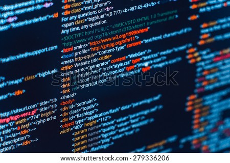 HTML and CSS code developing screenshot. Abstract web site source listing on black background with colored syntax