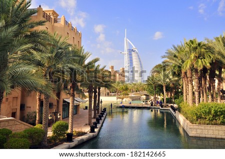 DUBAI, UAE - CIRCA JANUARY 2014: View of hotel Burj al Arab from Madinat Jumeirah in Dubai. At 321 m, it is the fourth tallest hotel in the world and has 202 rooms.