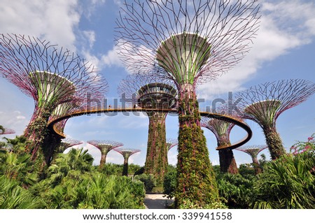 SINGAPORE - CIRCA JULY 2015: View of Supertree Grove at Gardens by the Bay circa July, 2015 in Singapore. Spanning 101 hectares of reclaimed land in central Singapore, adjacent to the Marina