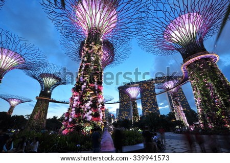 SINGAPORE - CIRCA JULY 2015: Night view of Supertree Grove at Gardens by the Bay circa July, 2015 in Singapore. Spanning 101 hectares of reclaimed land in central Singapore, adjacent to the Marina