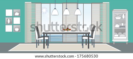 Vector Dining-Room Interior. Flat Design Stylization. Collection Of Living-Room, Dining-Room, Bathroom, Kitchen, Bedroom, Child\'S Bedroom Vector Interior