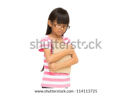 Sad little girl, Unhappy because fail an exam, Isolated on white